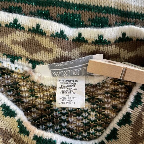 Vintage Sweater Womens Size Large White Green Brocade Mock Neck Knit 80s 90s - Picture 9 of 11